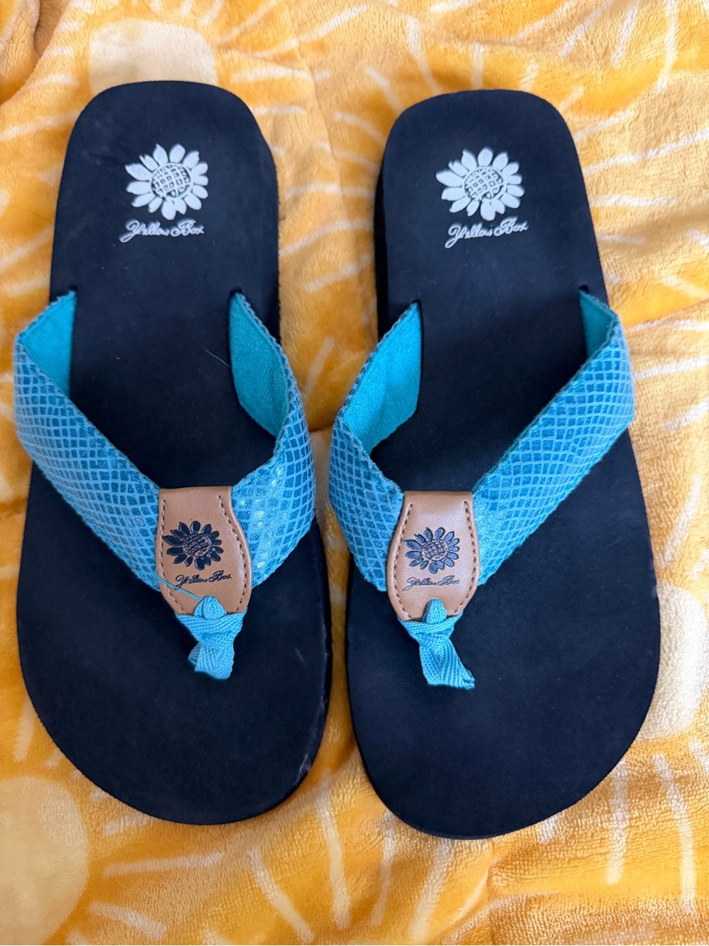 Yellow Box Black Footbed Teal Strap Sandals
